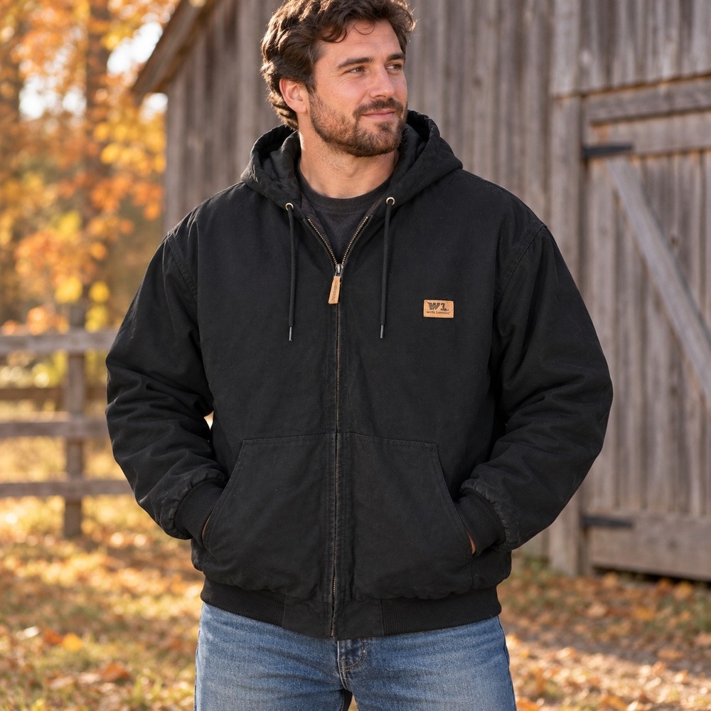 Wells Lamont Mens Black Hooded Work Jacket Cotton Duck Canvas Quilted Size L